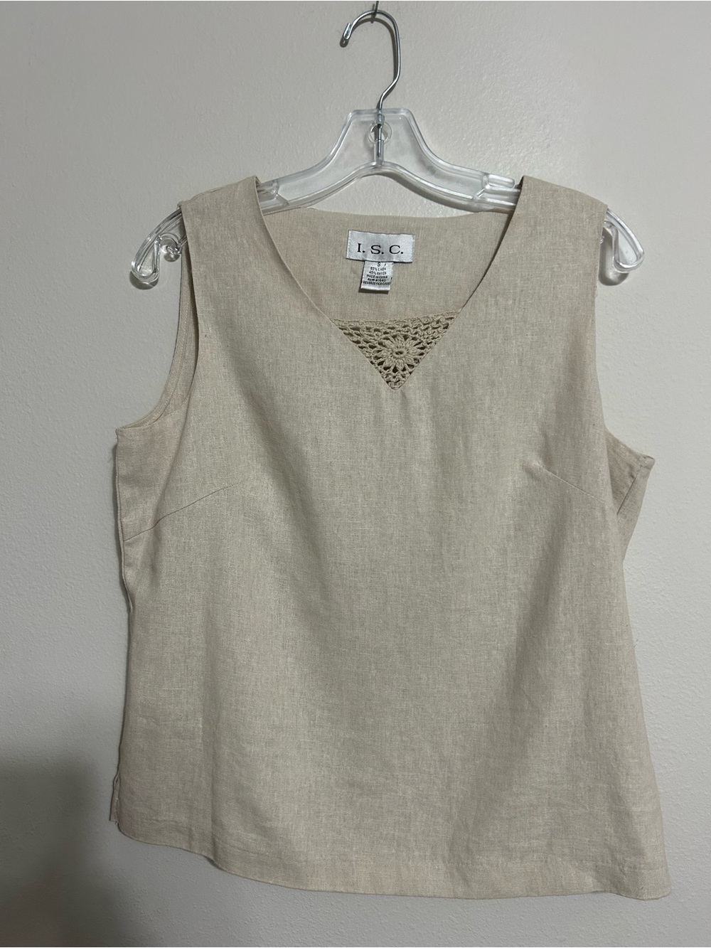 Women's Beige Linen-Blend Sleeveless Tank with Crochet V Insert